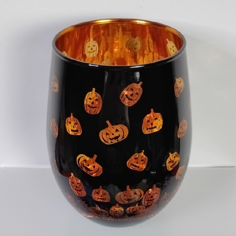Way to Celebrate Stemless Wine Glass Pumpkins Orange & Black Halloween